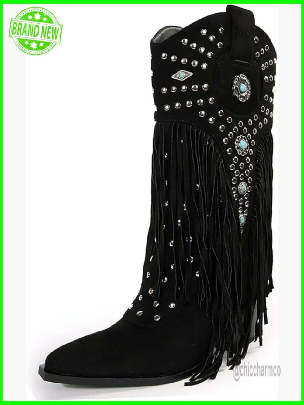 Wide Calf Cowboy Boots with Combat Studs Fringe Faux Suede Cowgirl Boots